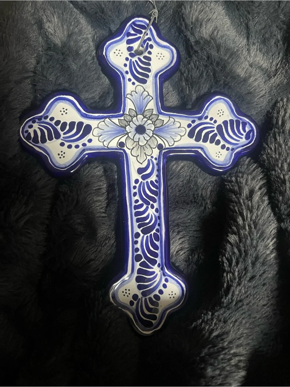 Handcrafted Talavera Ceramic Wall Cross Puebla Mexico Hernandez Blue White 7”